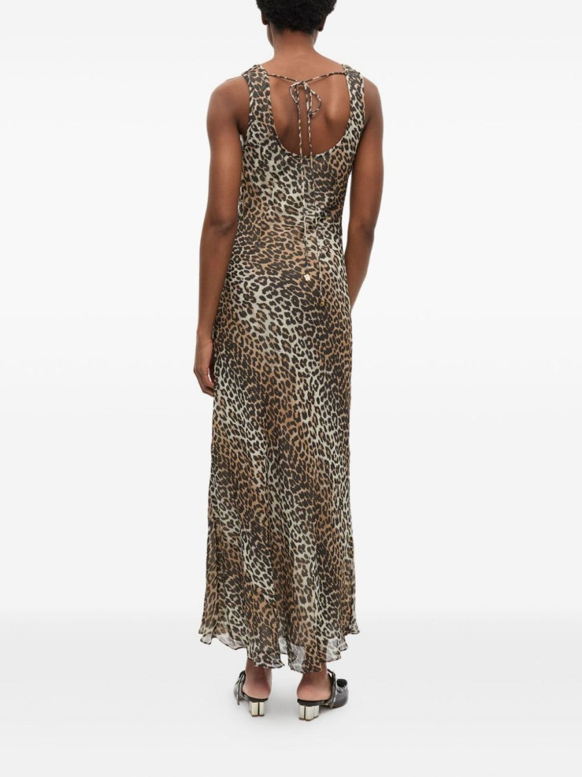 Ganni Leopard Print Maxi Dress With Scoop Neckline