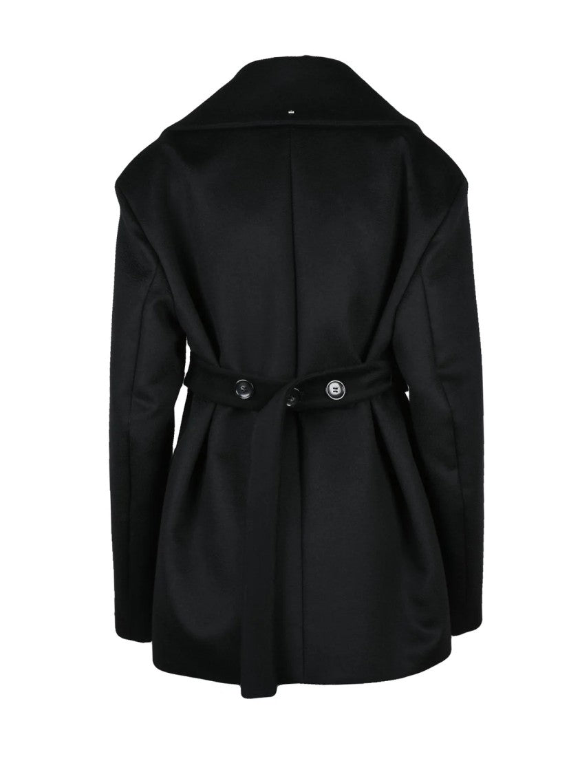 Sportmax Black Double-Breasted Belted Virgin Wool Peacoat