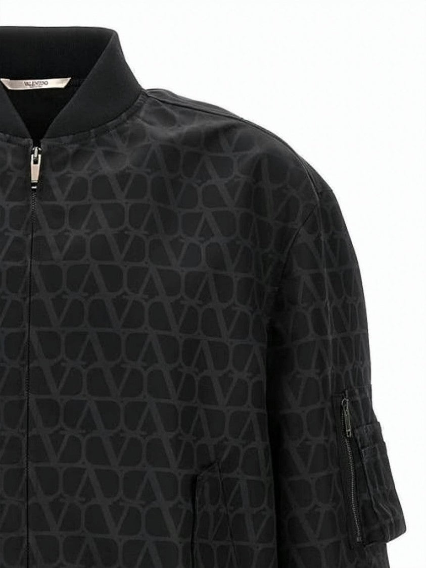 Valentino Garavani Structured Black Bomber Jacket With Geometric Pattern