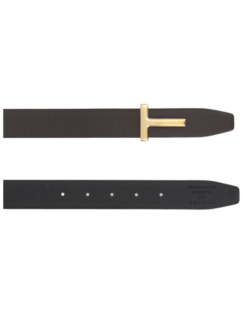 Tom Ford T Icon Textured Gold-Tone T Buckle Calf Leather Belt