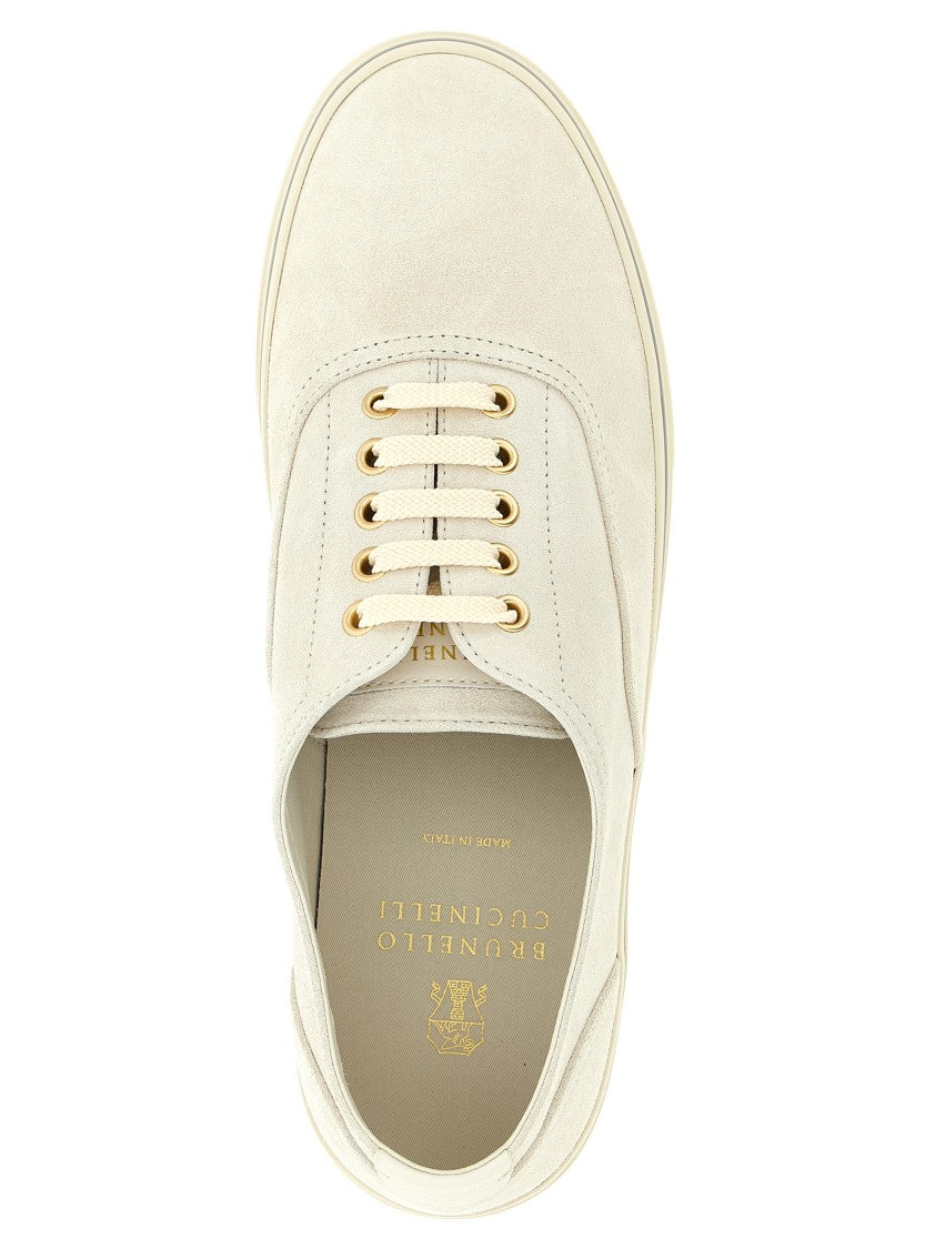 Brunello Cucinelli Inverted Suede Calfskin Low-Top Sneakers With Gold-Tone Accents
