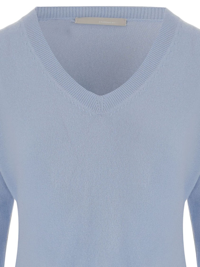 Allude Light Blue Cashmere Sweater With Ribbed V-Neck