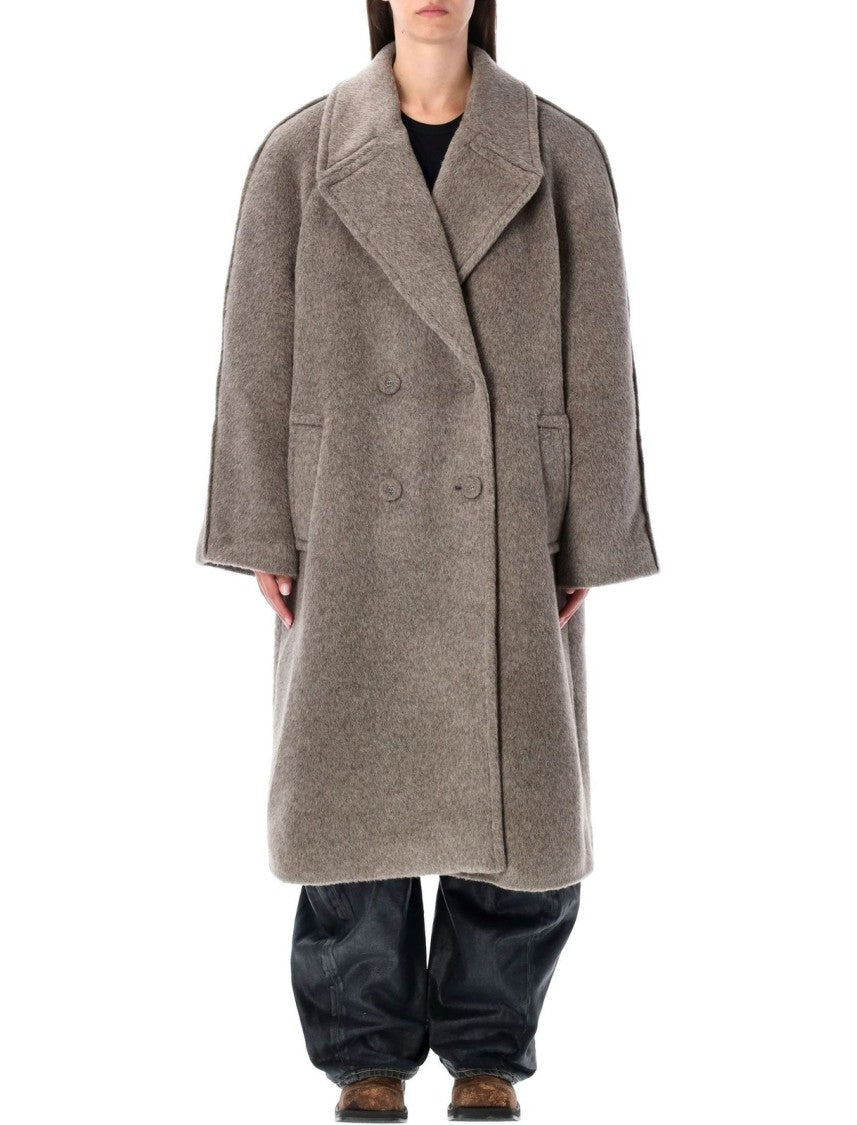 Acne Studios Double-Breasted Grey Coat With Wide Notched Collar And Oversized Silhouette