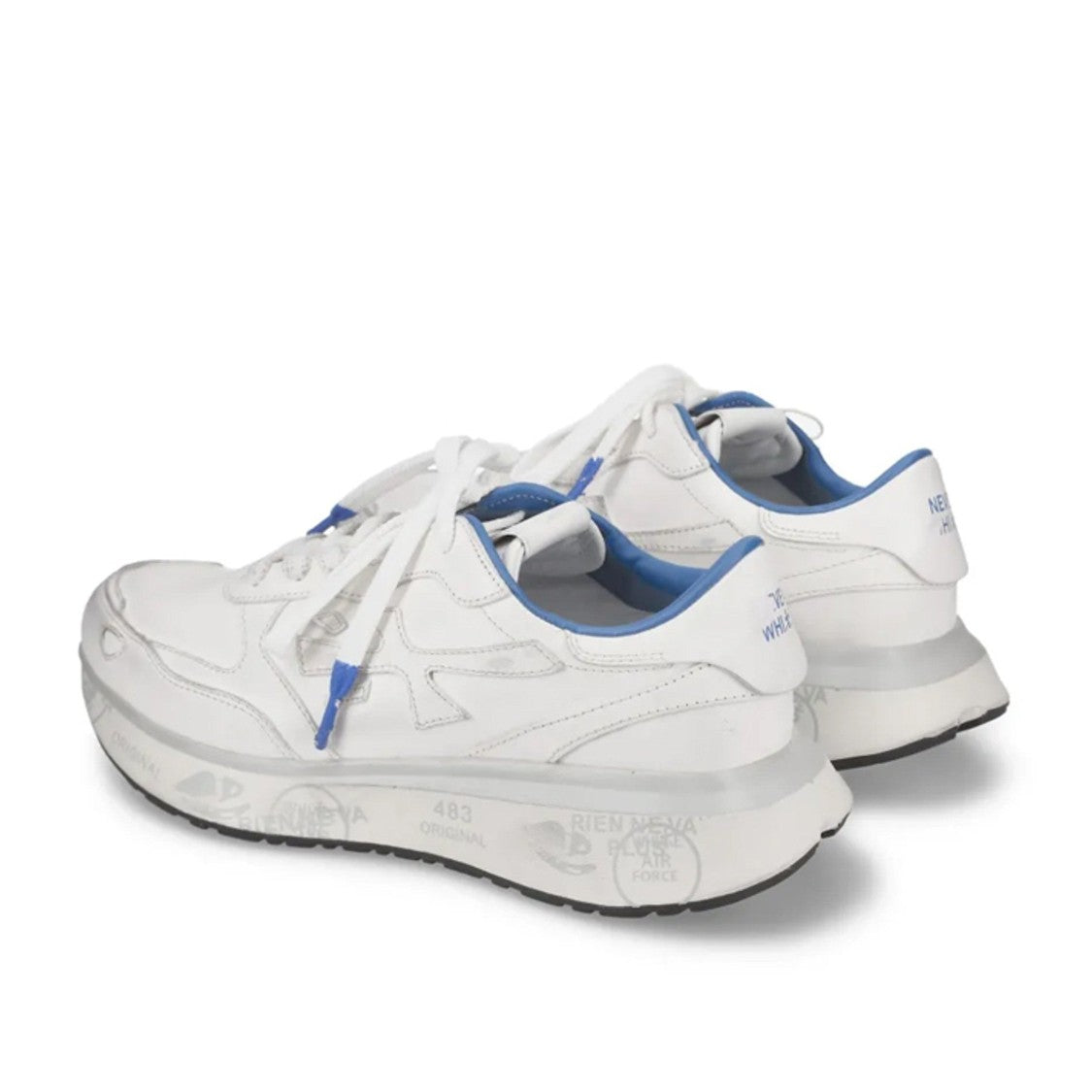Premiata White Leather Blue Accent Sneakers