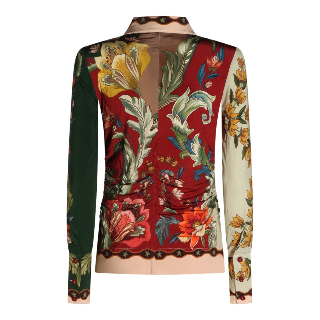 Farm Rio Floral Ruched Waist Pointed Collar Long-Sleeve Top