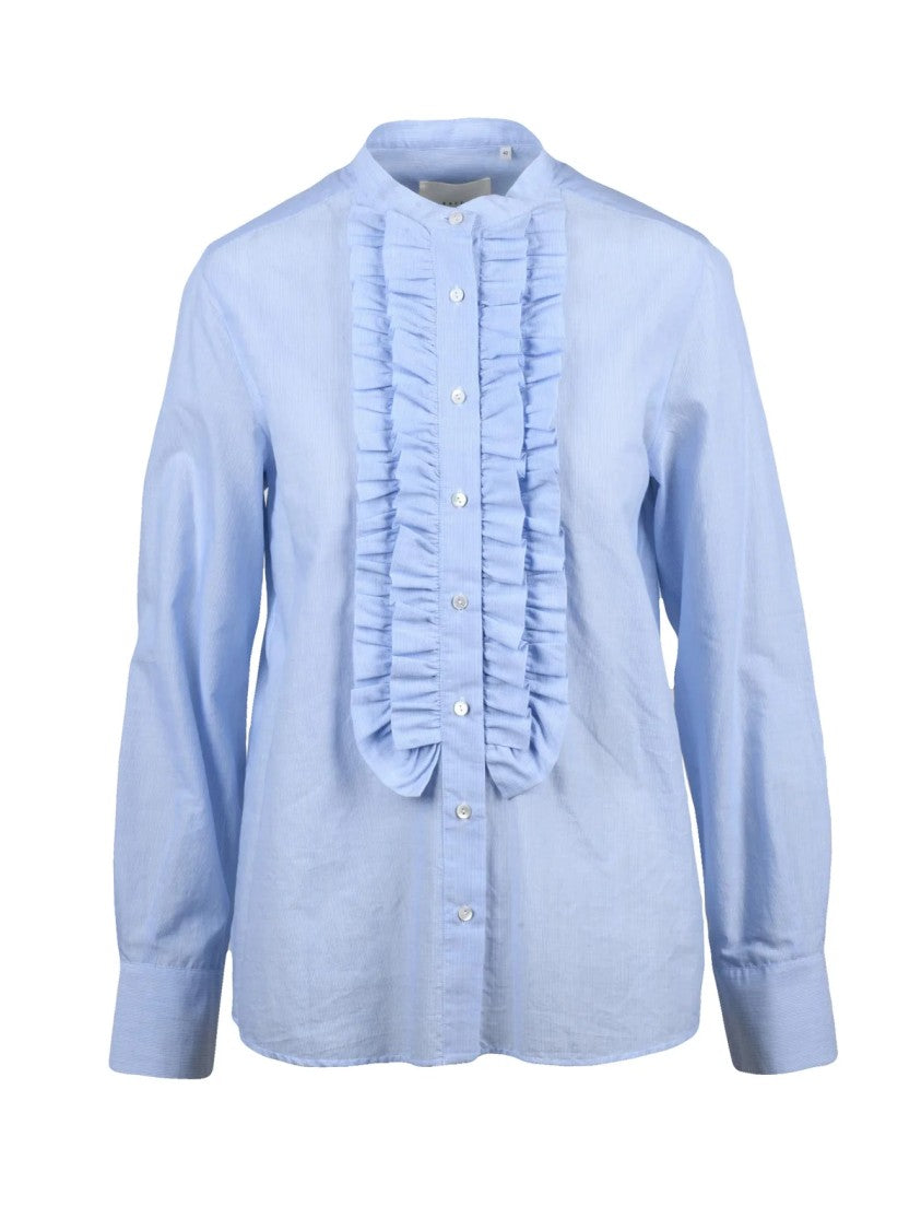 Xacus Light Blue Ruffle Detail Mandarin Collar Cotton Shirt