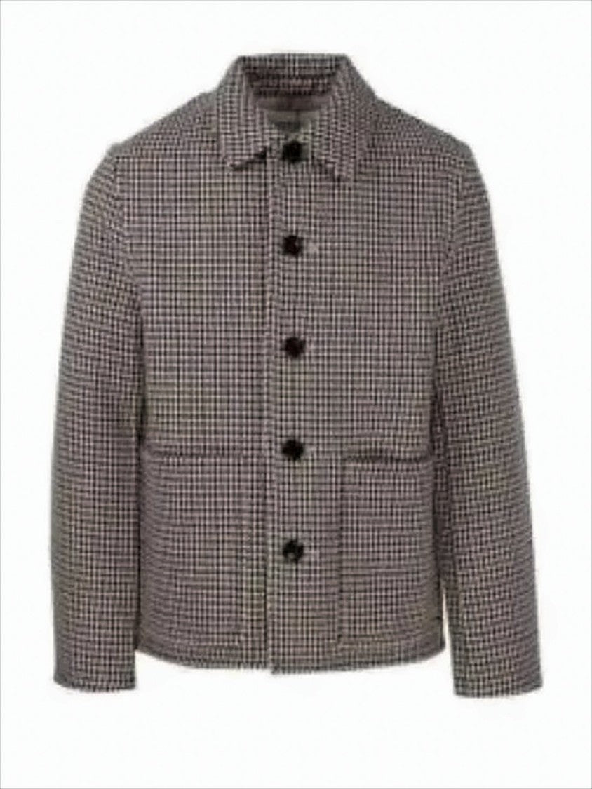 Ami Paris Short Wool Blend Coat With Classic Collar And Checkered Pattern