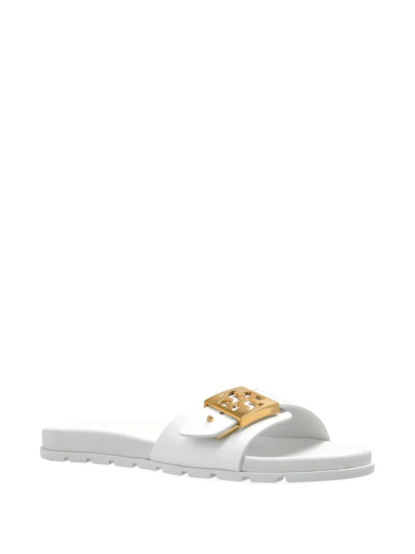 Tory Burch Minimalist White Sandals With Gold-Tone Buckle Detail