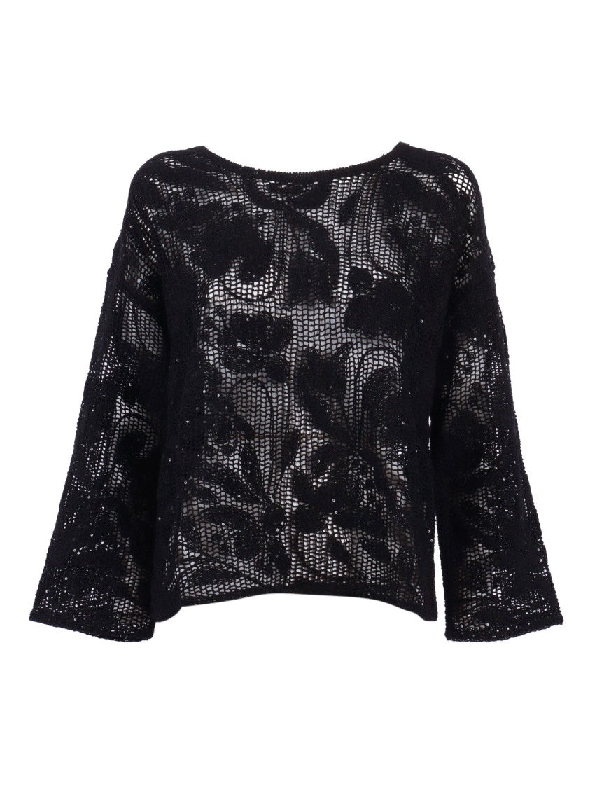Kangra Cashmere Black Crochet Sequined Top