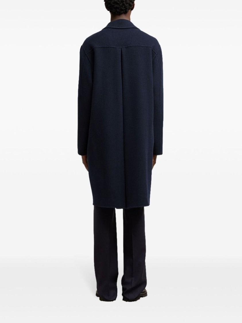 Ami Paris Navy Blue Wool-Cashmere Blend Coat