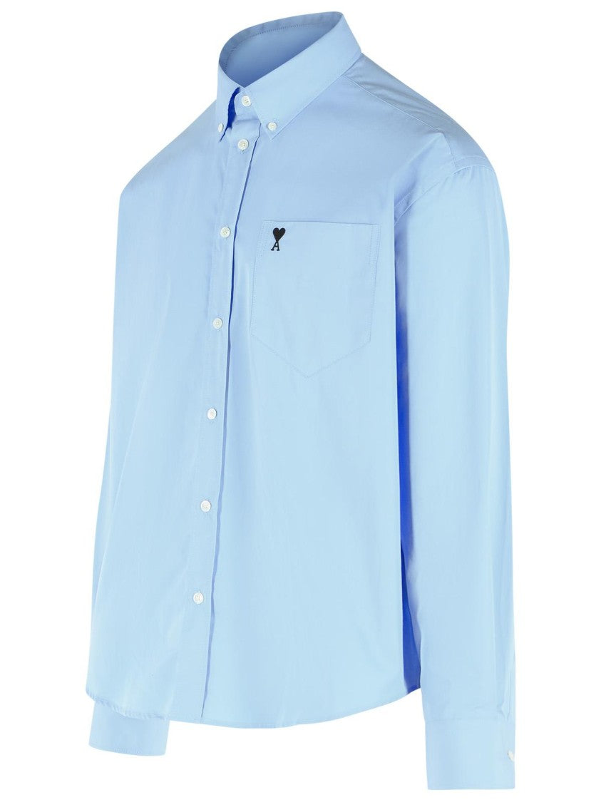Ami Paris Boxy Light Blue Cotton Shirt With Embroidered Detail