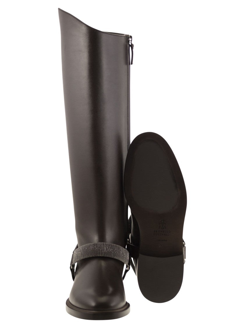 Brunello Cucinelli Mat Calf Boots With Precious Ribbed Strap