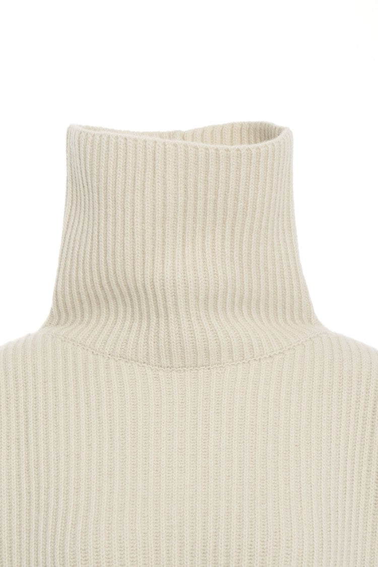 Roberto Collina Beige Ribbed Turtleneck Knit Sweater With Cropped Design