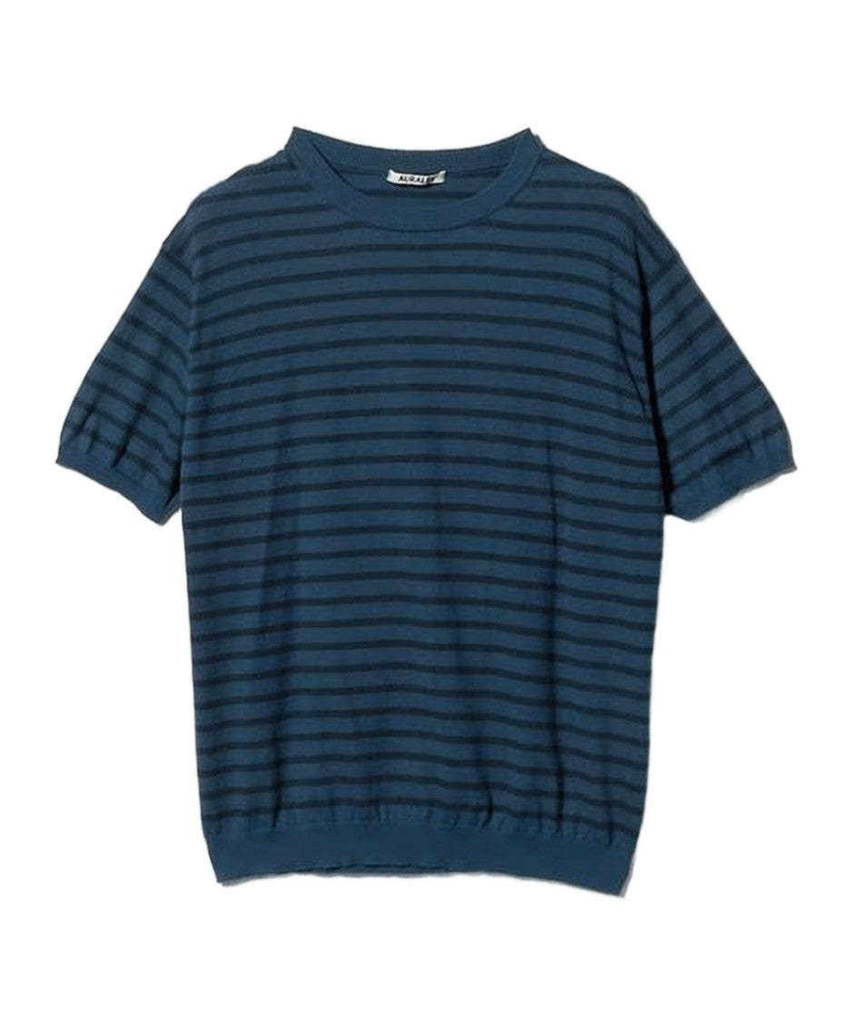 Auralee Short-Sleeved Striped Knit Top With Ribbed Hems