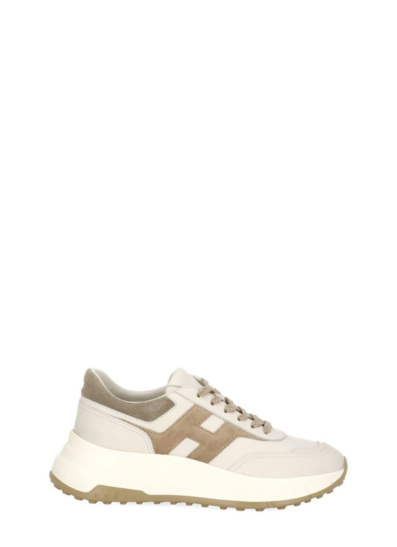 Hogan Ivory Leather Sneakers With Logo Accent And Raised Sole