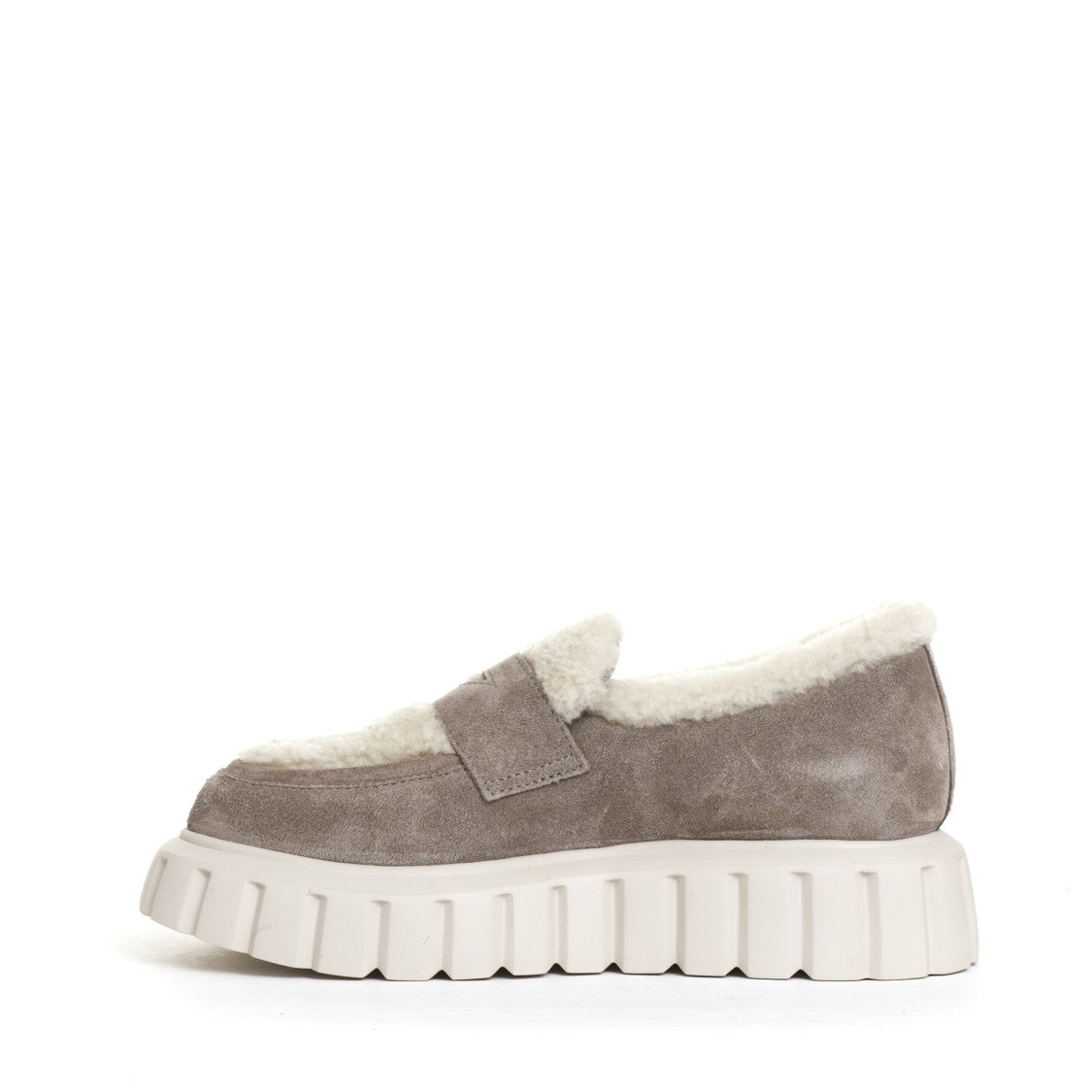 Voile Blanche Taupe Suede Moccasin With Eco-Fur Accents