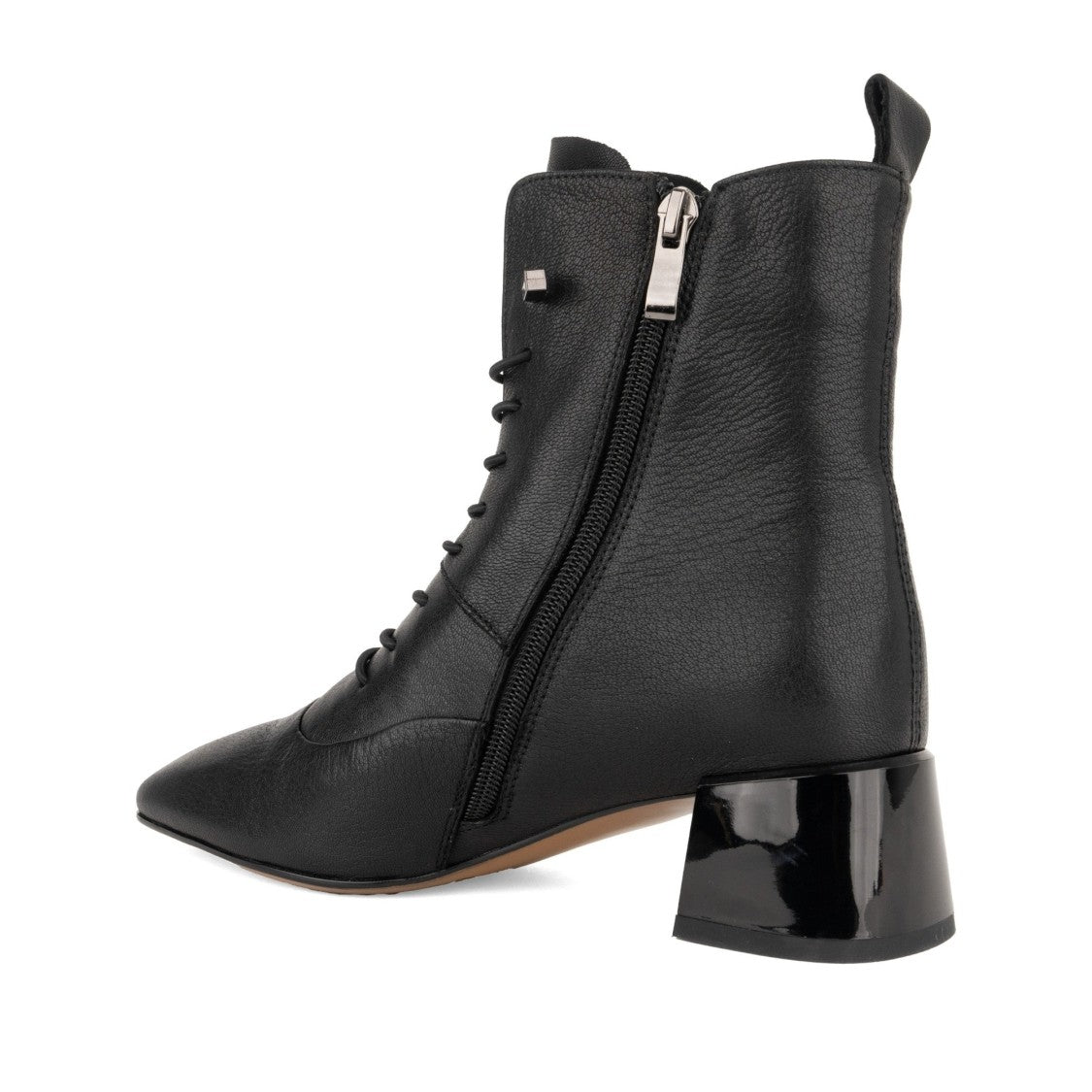 Linda Baumann Black Pointed Toe Low Glossy Heel Leather Ankle Boots