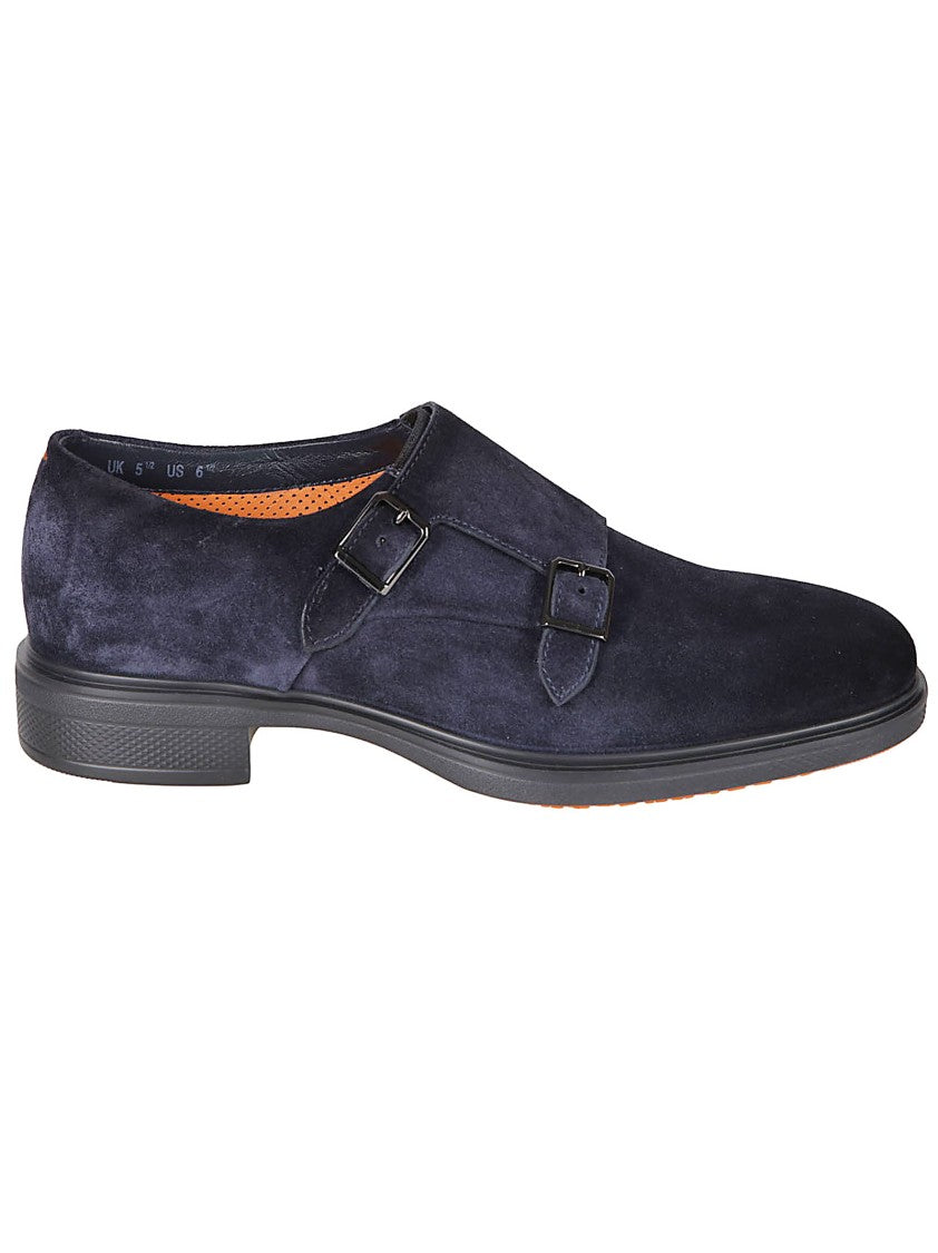Santoni Double Monk Strap Dark Blue Suede Shoes
