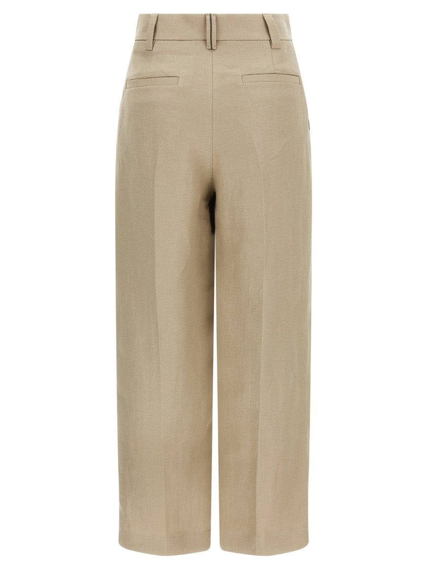 Brunello Cucinelli Wide Leg Linen Trousers With Pressed Pleats