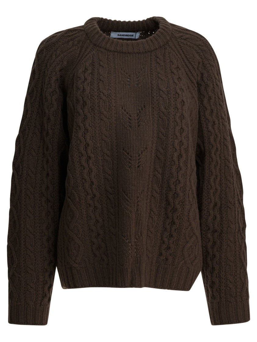 Sandbeige Cable Knit Sweater With Crew Neckline