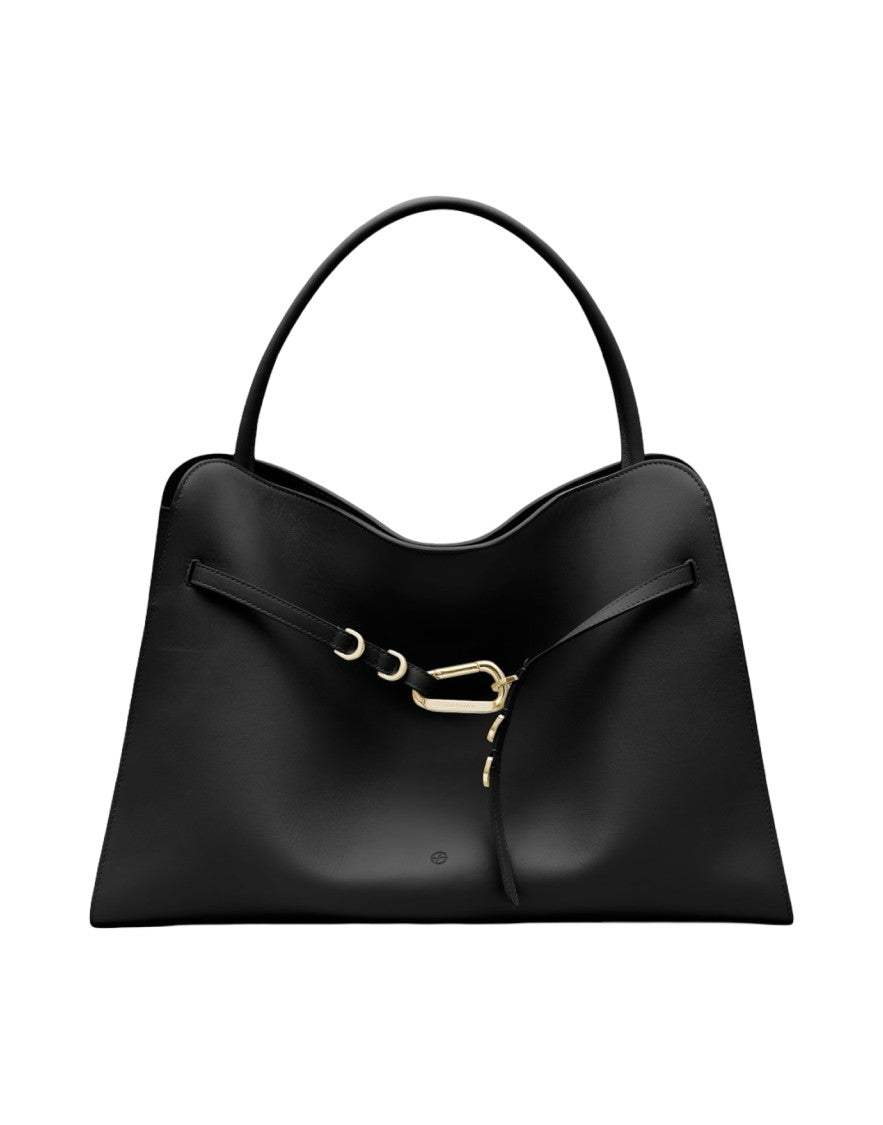 Biasia Structured Black Leather Handbag With Gold Clasp Detail