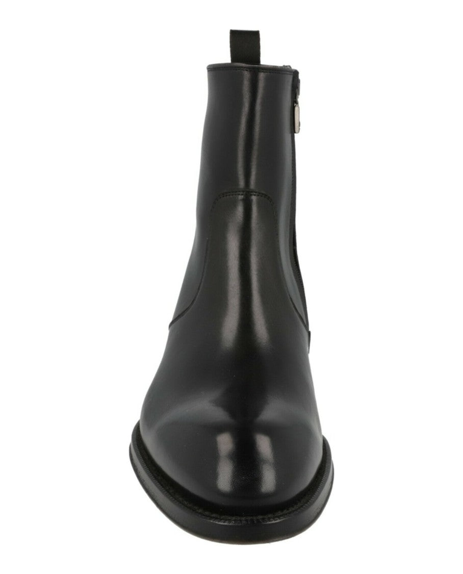 Brioni Vitello Roma Mid-Calf Leather Boots With Stacked Heel And Gunmetal Accents