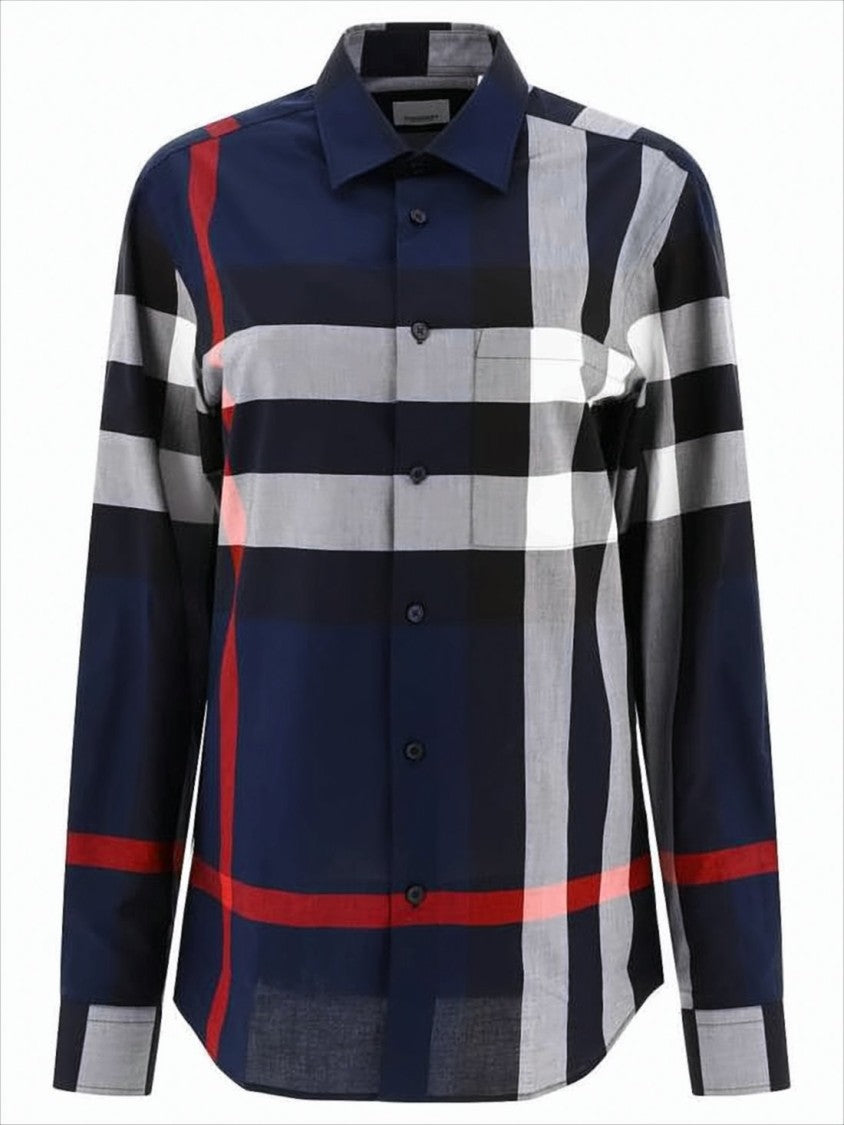 Burberry Navy Check Pattern Long-Sleeve Cotton Shirt