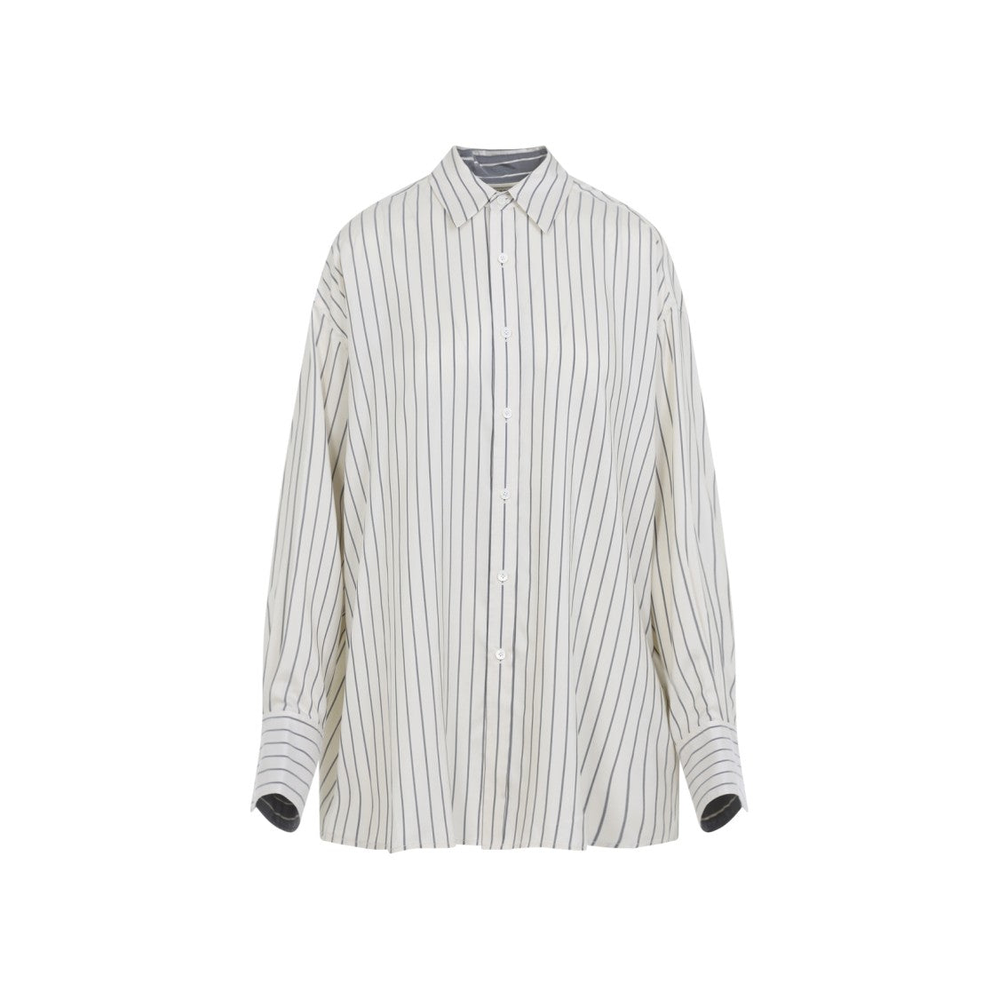 Carven Off-White Silk Shirt With Vertical Grey Stripes And Pointed Collar