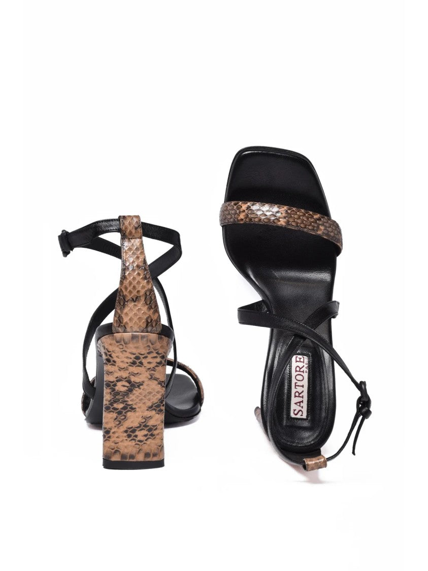 Sartore Black Brown Snakeskin Strap Leather Heels