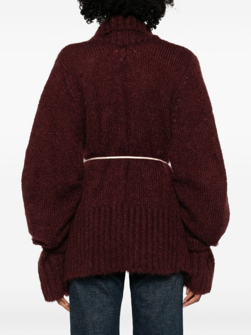 Dries Van Noten Burgundy V-Neck Oversized Cardigan With Layered Sleeves