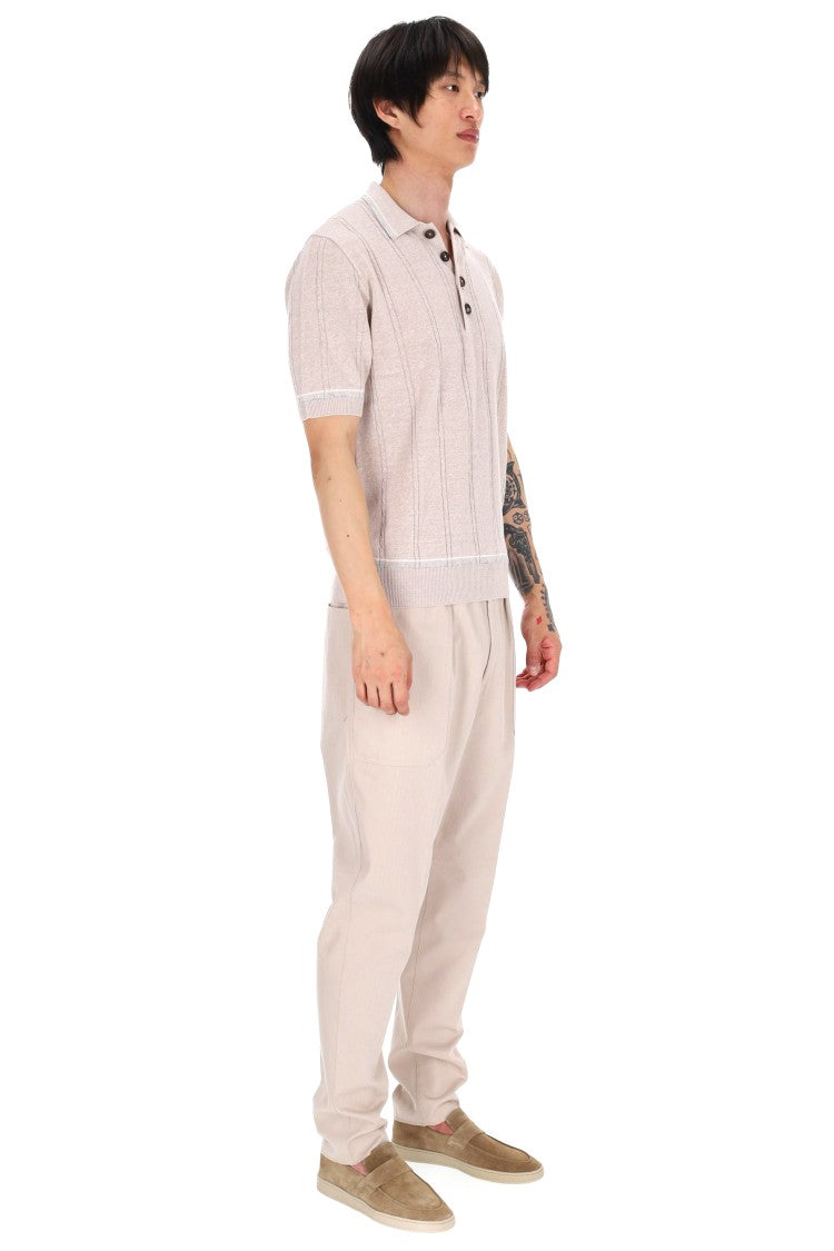 Eleventy Beige Cable-Knit Linen-Cotton Polo Shirt