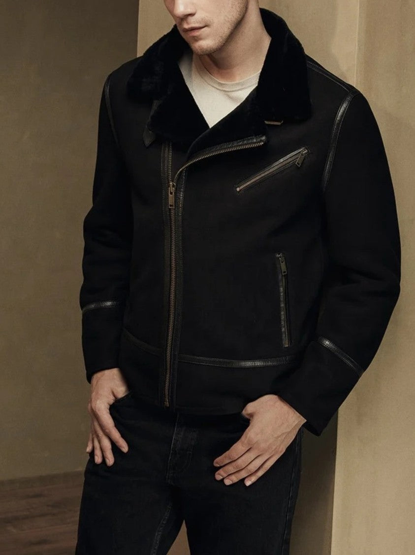 Bigardini Structured Black Shearling Jacket With Asymmetrical Zipper
