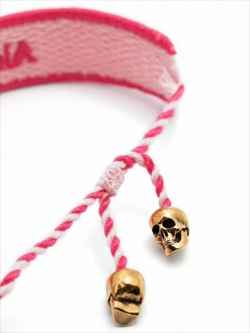 Alexander Mcqueen Woven Fabric Bracelet With Gold-Tone Skull Charms