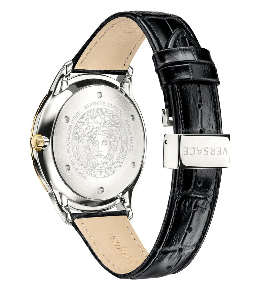 Versace Univers Gmt 43Mm Steel Timepiece With Textured Gold Dial