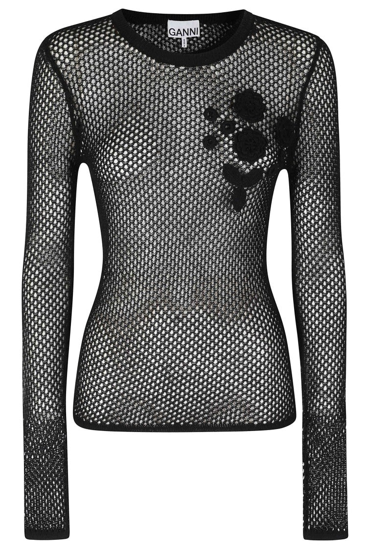 Ganni Black Mercerized Cotton Mesh Pointelle Floral-Embroidered Sweater