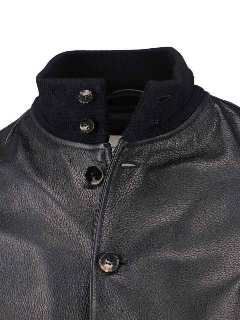 Valstar Textured Black Leather Jacket With Cashmere Ribbed Collar