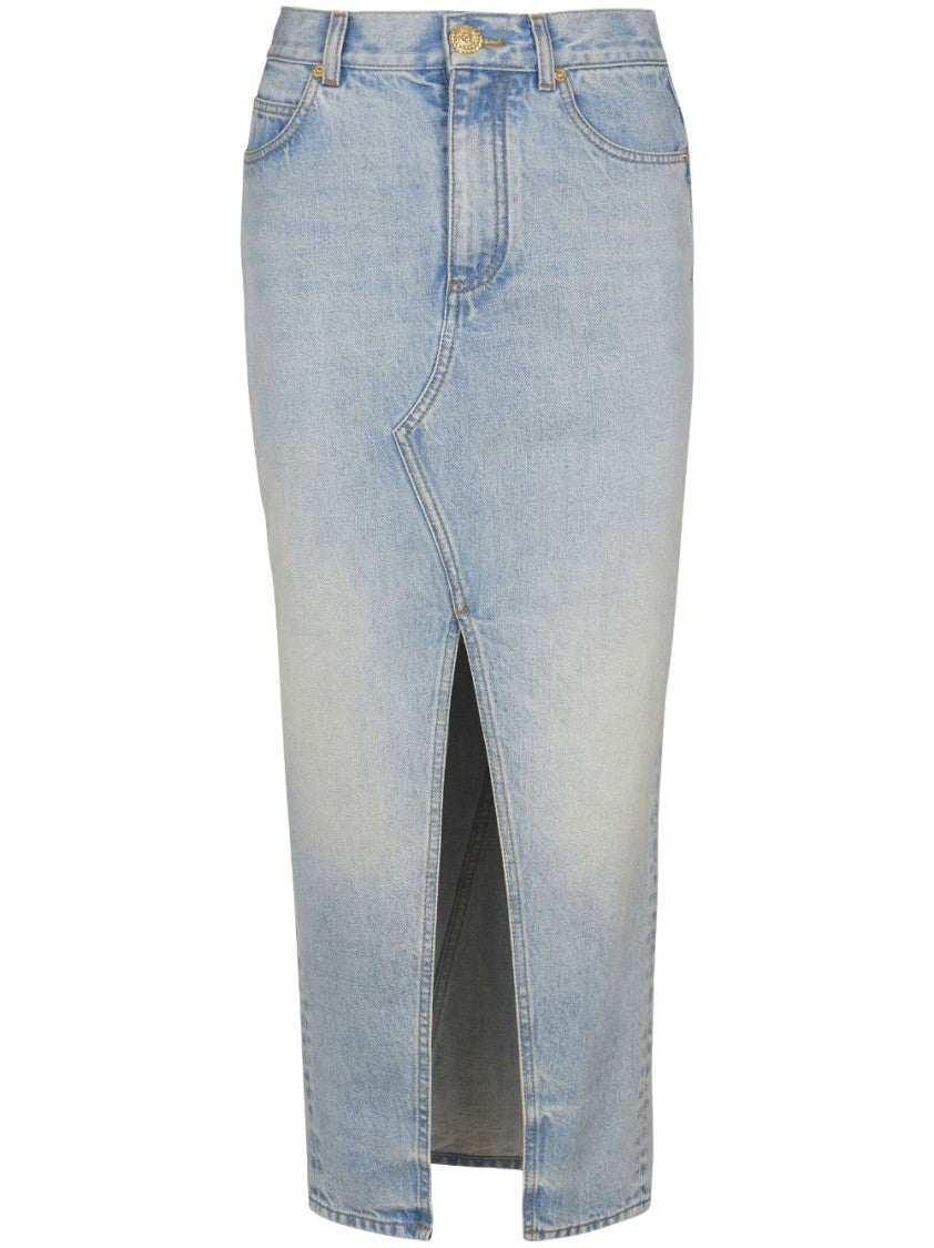 Balmain Washed Denim Midi Skirt