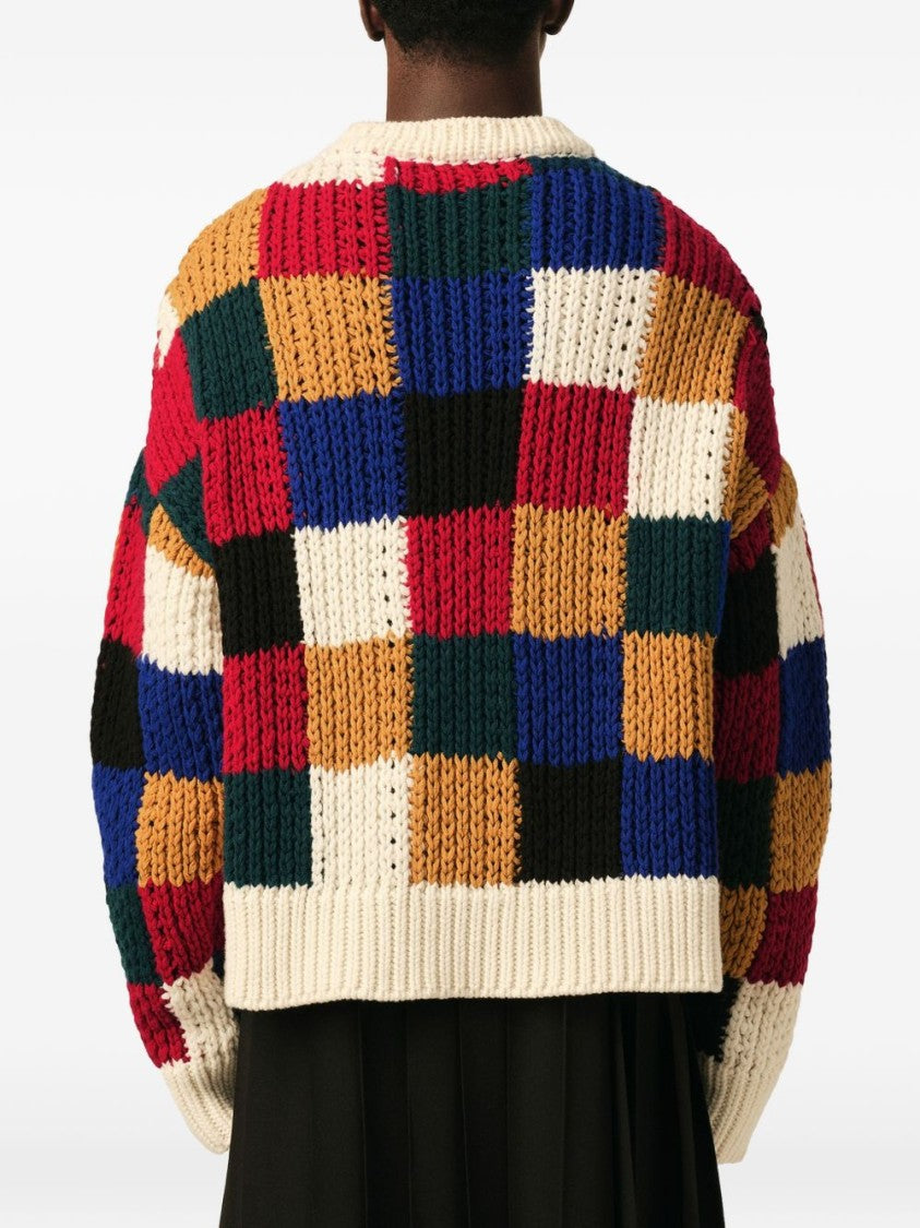 Ami Paris Chunky Knit Sweater With Bold Checkered Pattern