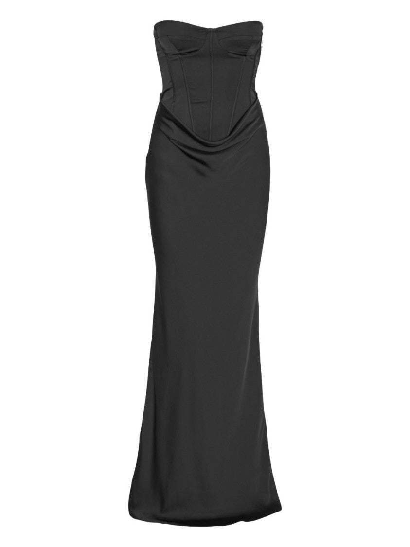 Rotate Strapless Black Evening Dress With Fitted Bodice And Flowing Skirt