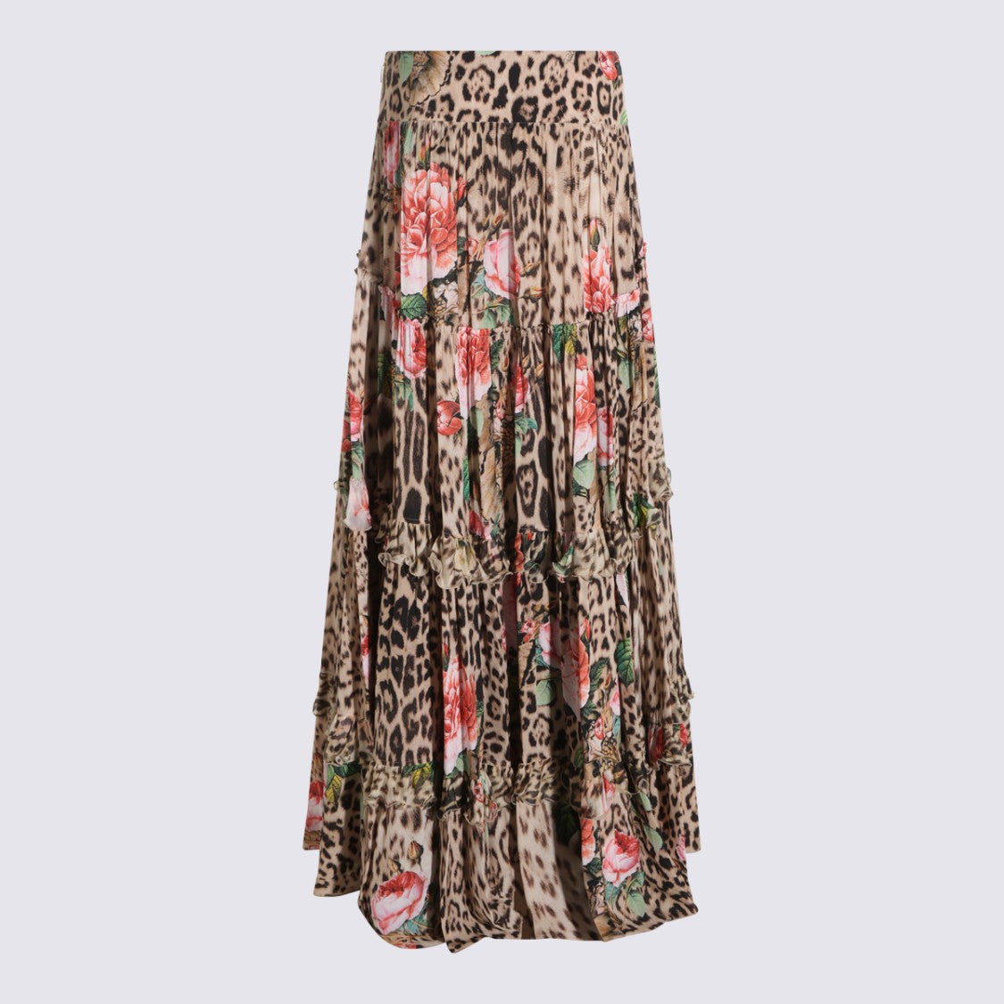 Roberto Cavalli Tiered Skirt With Leopard And Floral Patterns
