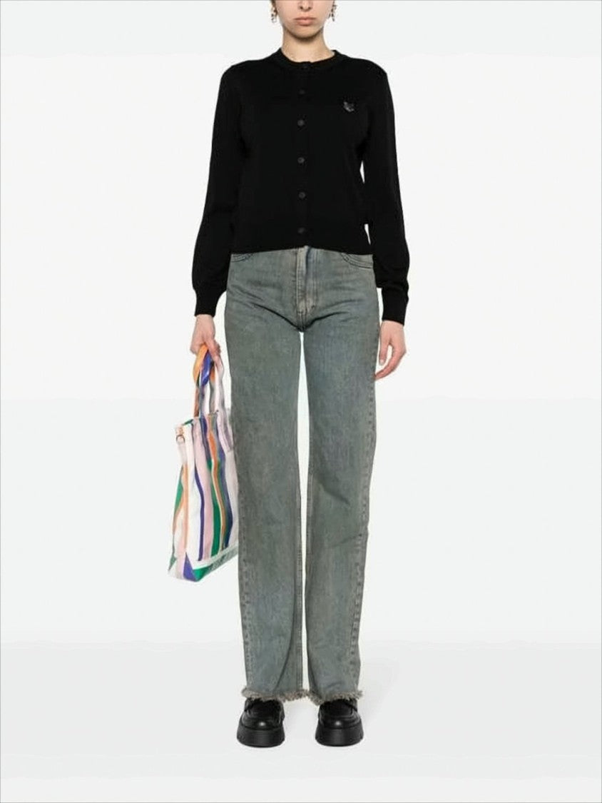 Maison Kitsuné Black Wool Cardigan With Button-Down Front And Embroidered Logo