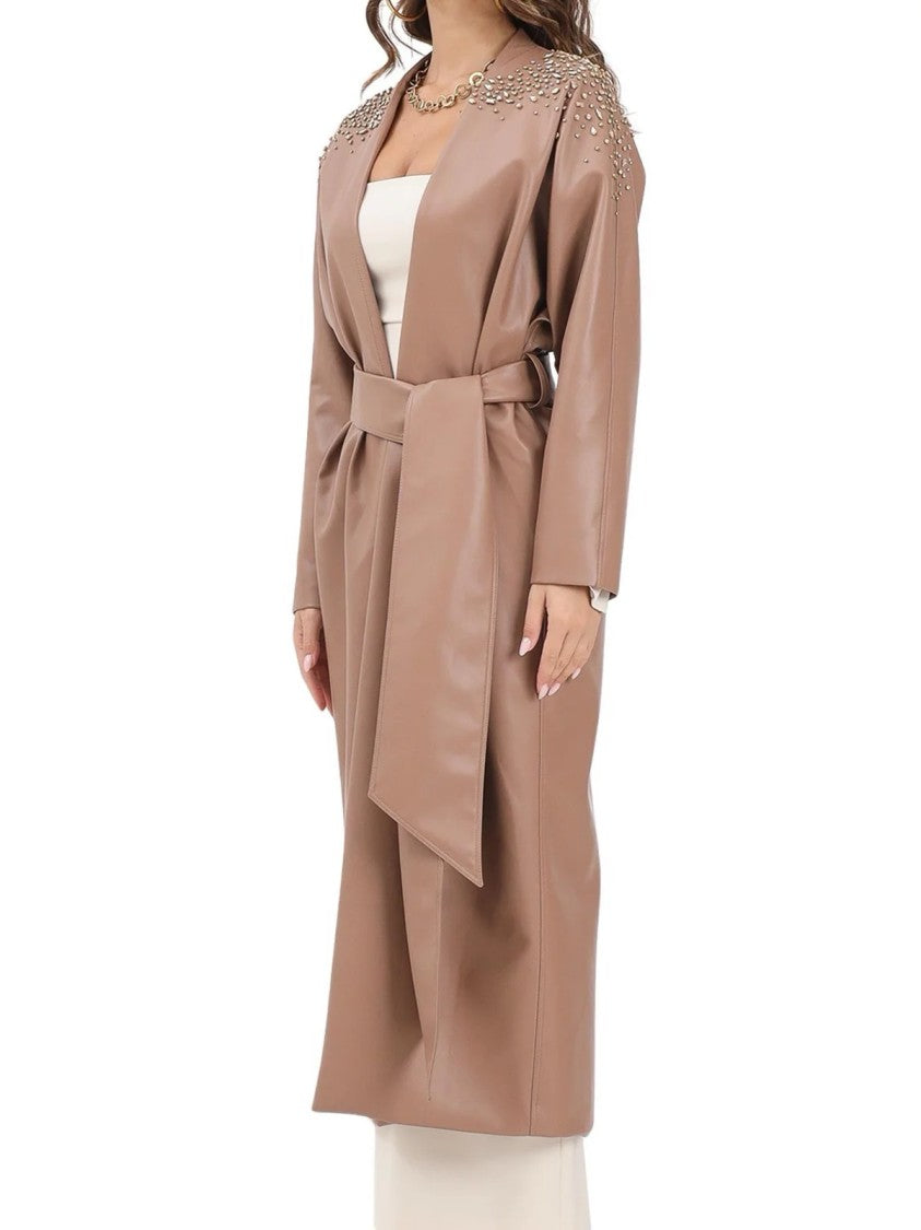 Alma Sanchez Long Belted Overcoat With Intricate Bead Embellishments