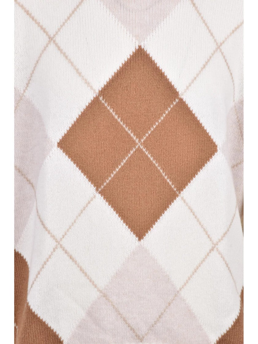 Ambrosio White/Brown Argyle Virgin Wool Crewneck Sweater