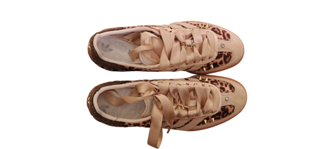 Adidas Beige Leopard Print Sneakers With Satin Ribbons