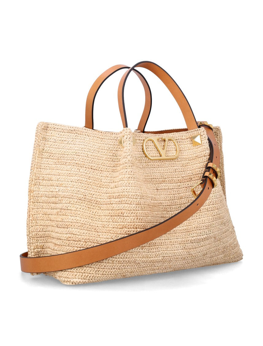 Valentino Garavani Structured Raffia Tote Bag With Iconic Vlogo Signature