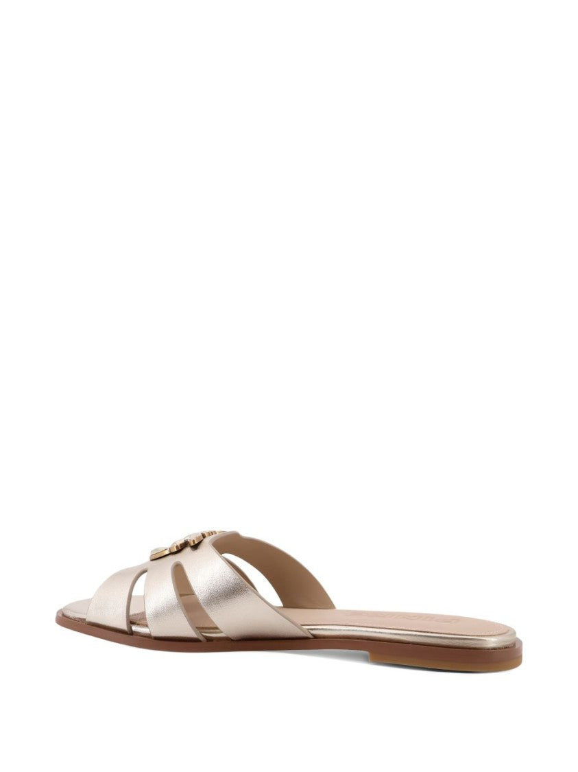 Pinko Gold-Tone Metallic Flat Sandals With Intricate Cutout Design