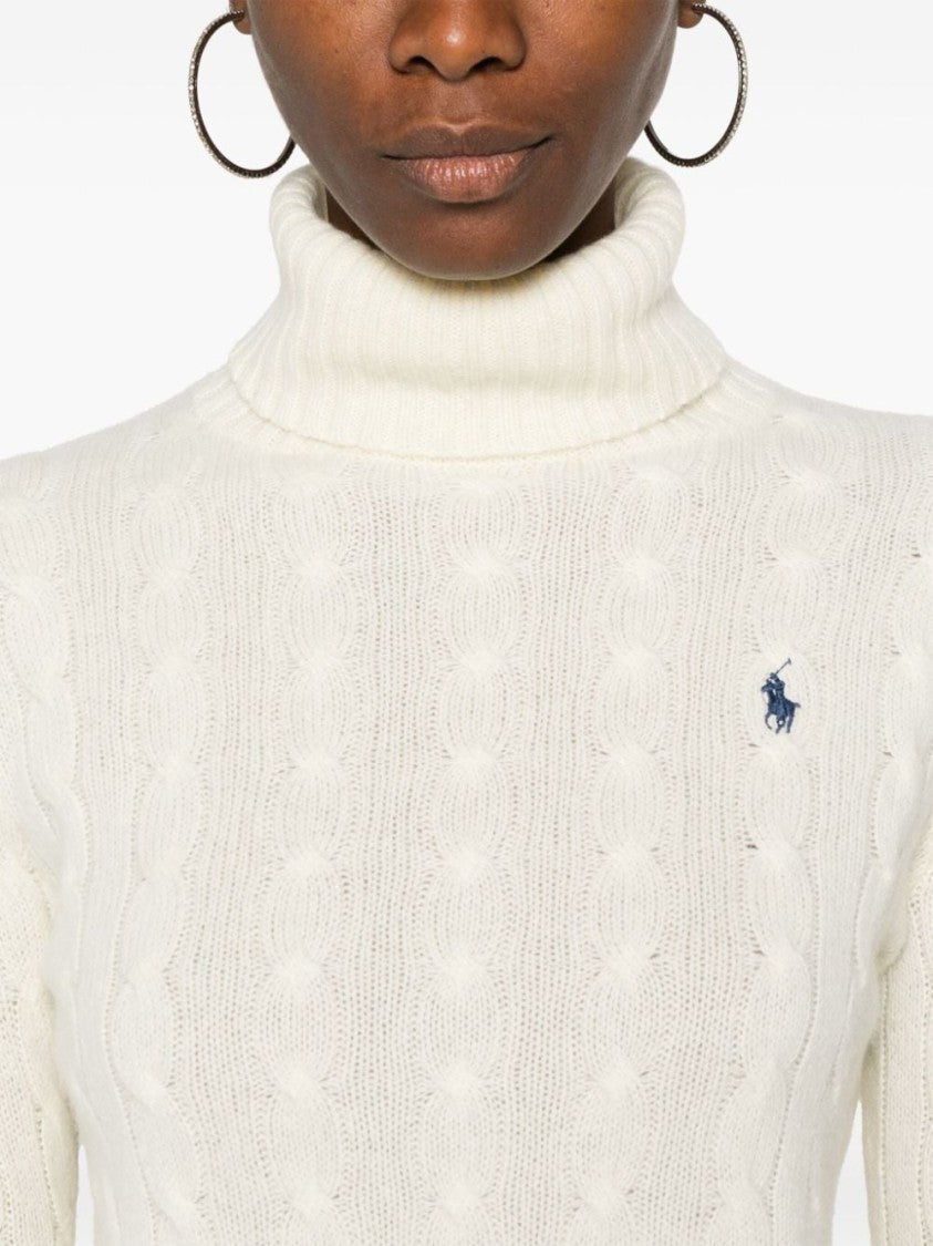 Polo Ralph Lauren Off White Textured Cable Knit Wool Turtleneck