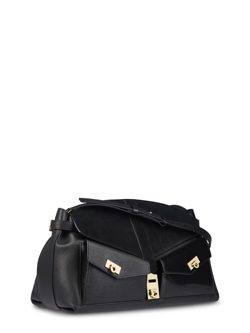 Ferragamo Structured Black Pouch With Textured Panels