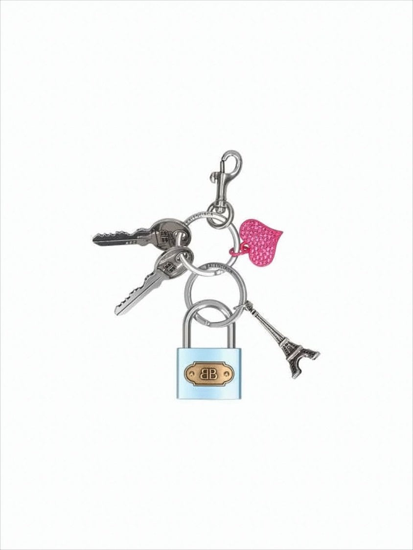 Balenciaga Silver Metal Keyring With Padlock And Eiffel Tower Charm
