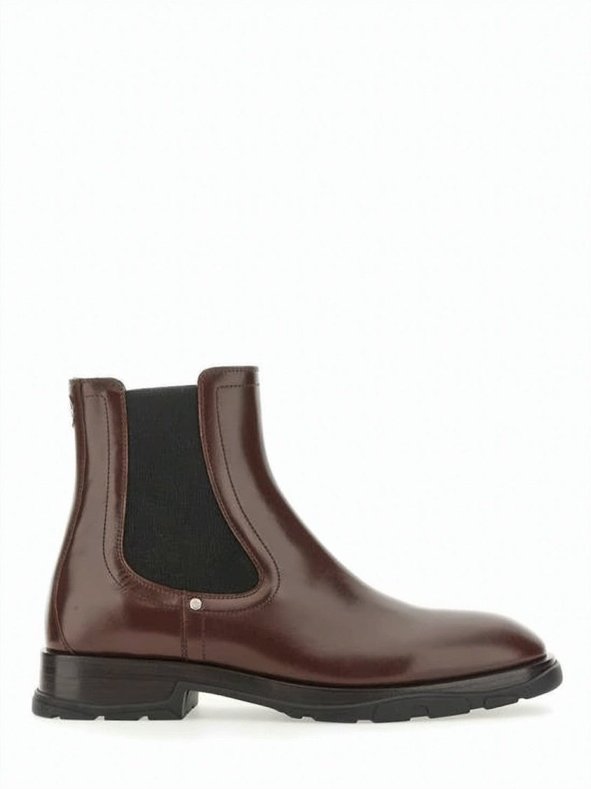 Alexander Mcqueen Deep Brown Leather Boots With Elastic Side Panels